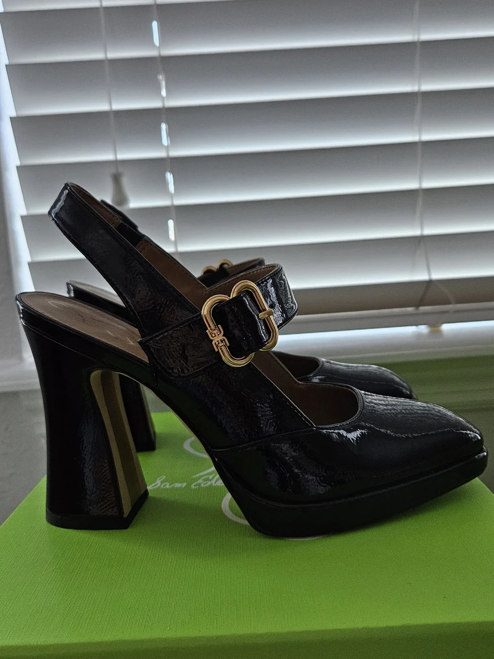 Sam Edelman Black Patent Mary Jane Slingback Heels with Gold Buckle Accent - Picture 3 of 6